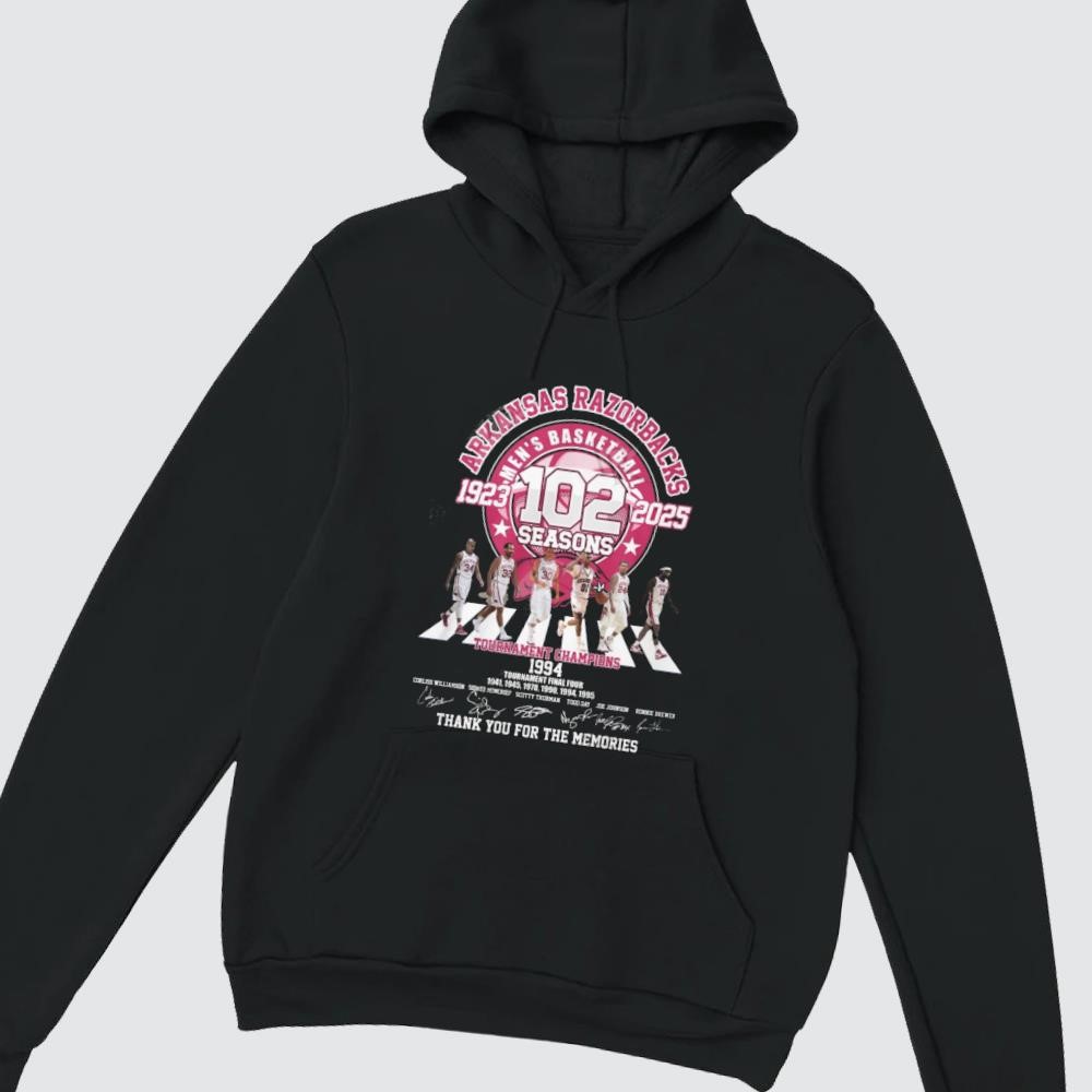 Arkansas Razorbacks Men’s Basketball 102 Seasons 1923-2025 Tournament Champions Thank You For The Memories Signatures hoodie