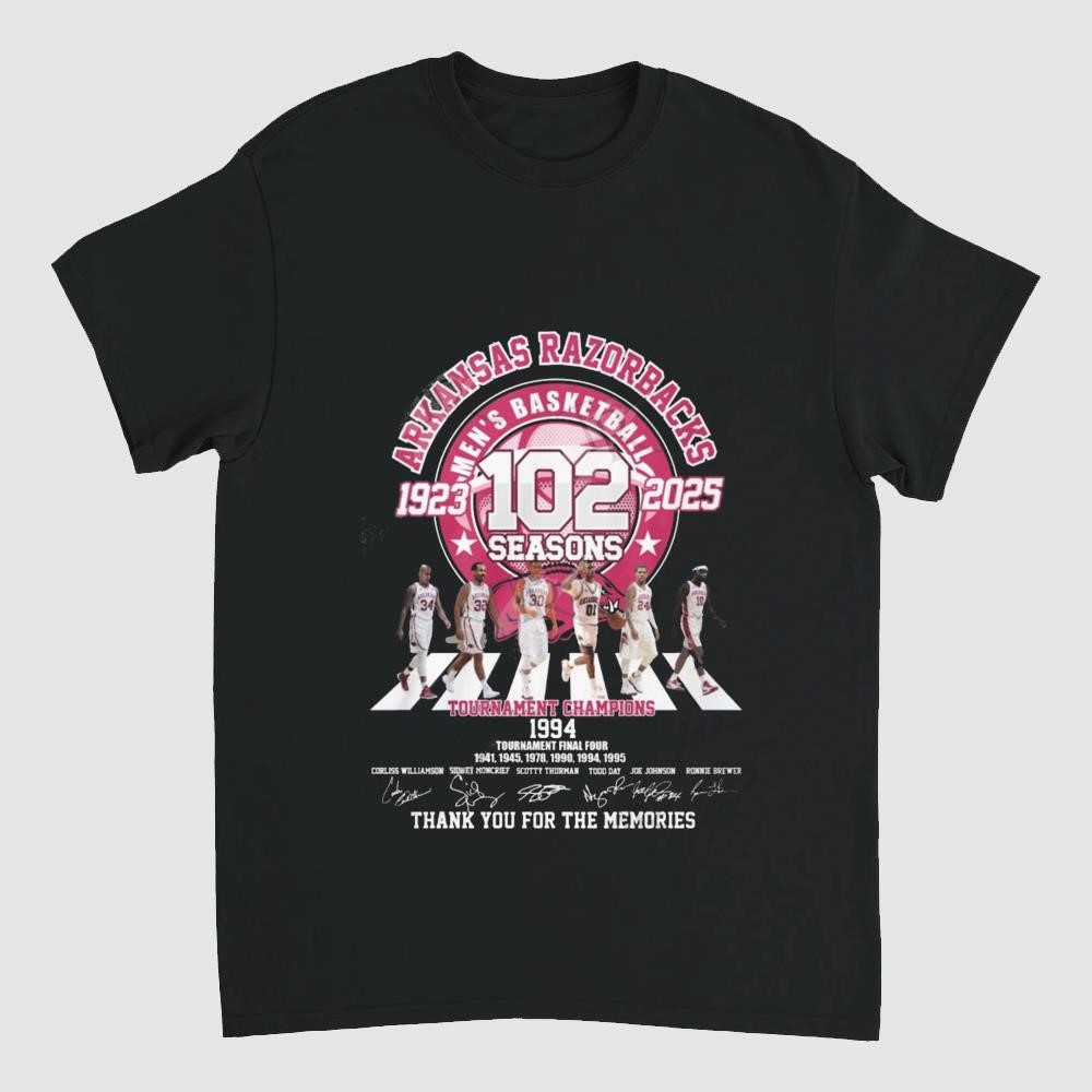 Arkansas Razorbacks Men’s Basketball 102 Seasons 1923-2025 Tournament Champions Thank You For The Memories Signatures Shirt